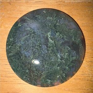 Green moss agate round cylinder with drilled hole.  #24